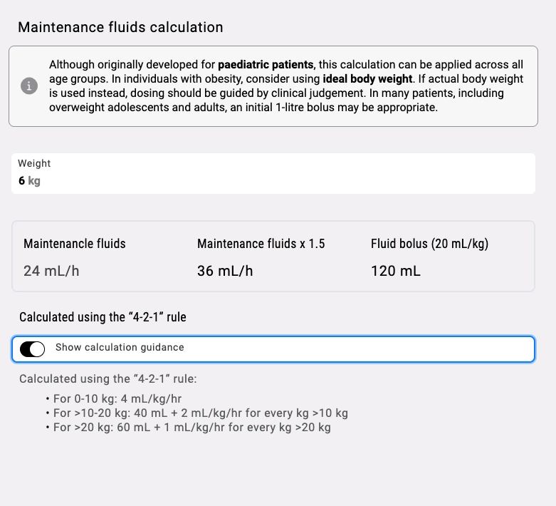 Maintenance fluids calculation preview